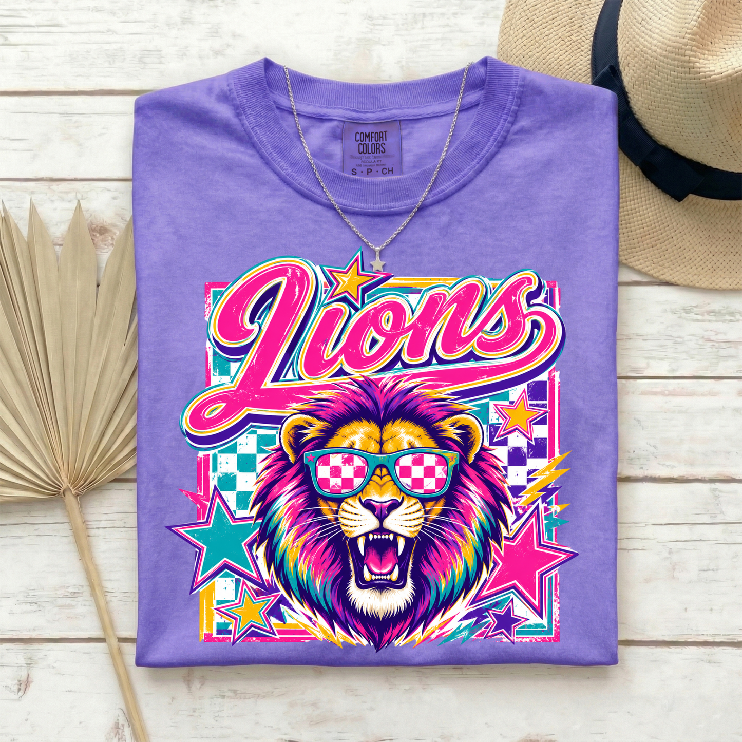 Colorful Lion Checkered Sunglasses Shirt
