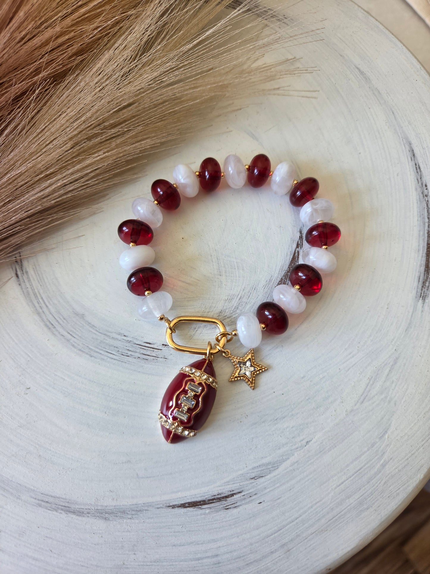 Stretch Maroon/White Beads Football Bracelet