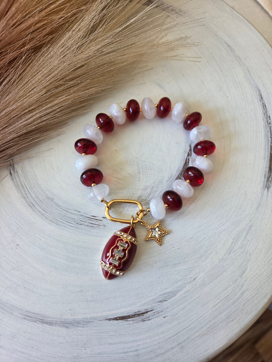 Stretch Maroon/White Beads Football Bracelet