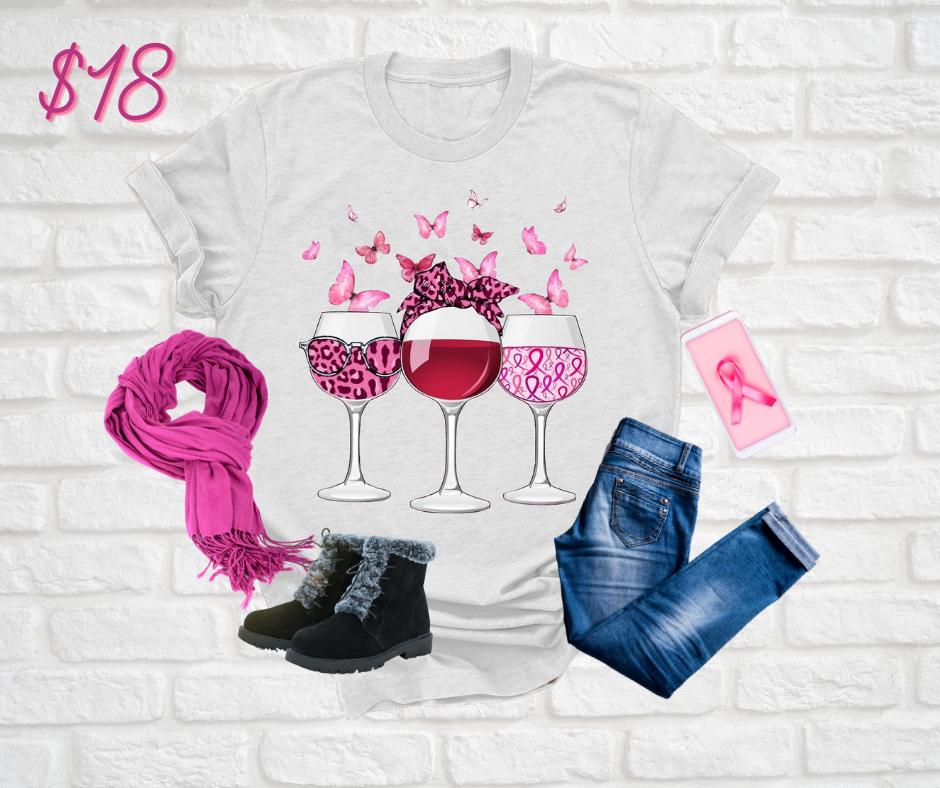 Breast Cancer Wine Glasses Tee (S-XL)